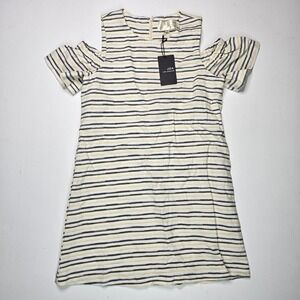 JOA Cold Shoulder Striped Dress Women M Olive Linen Blend Ruffle NEW